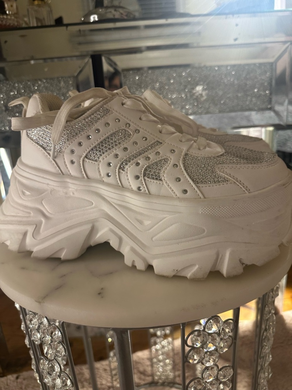 Skechers White Platform Chunky Sneaker with Crystal Accents